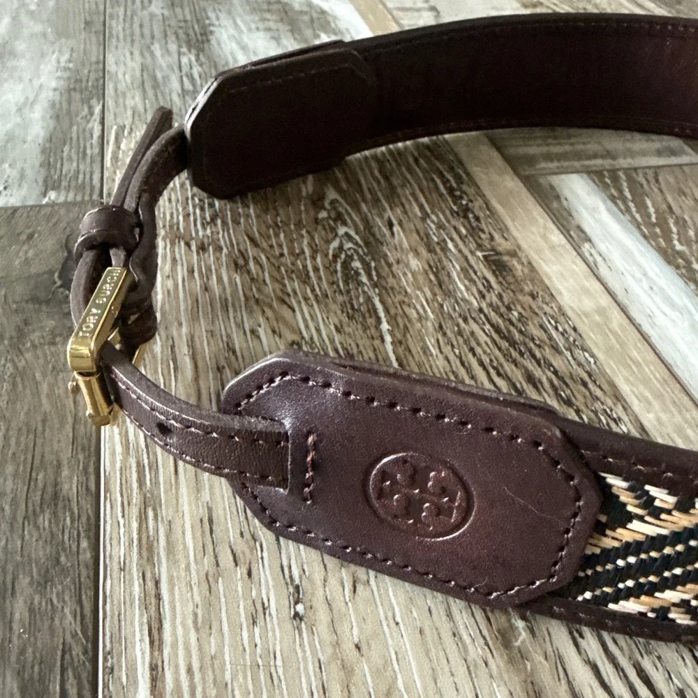 Tory Burch Boho Woven Leather Belt XS Brown Black Cream Geometric Gold Buckle